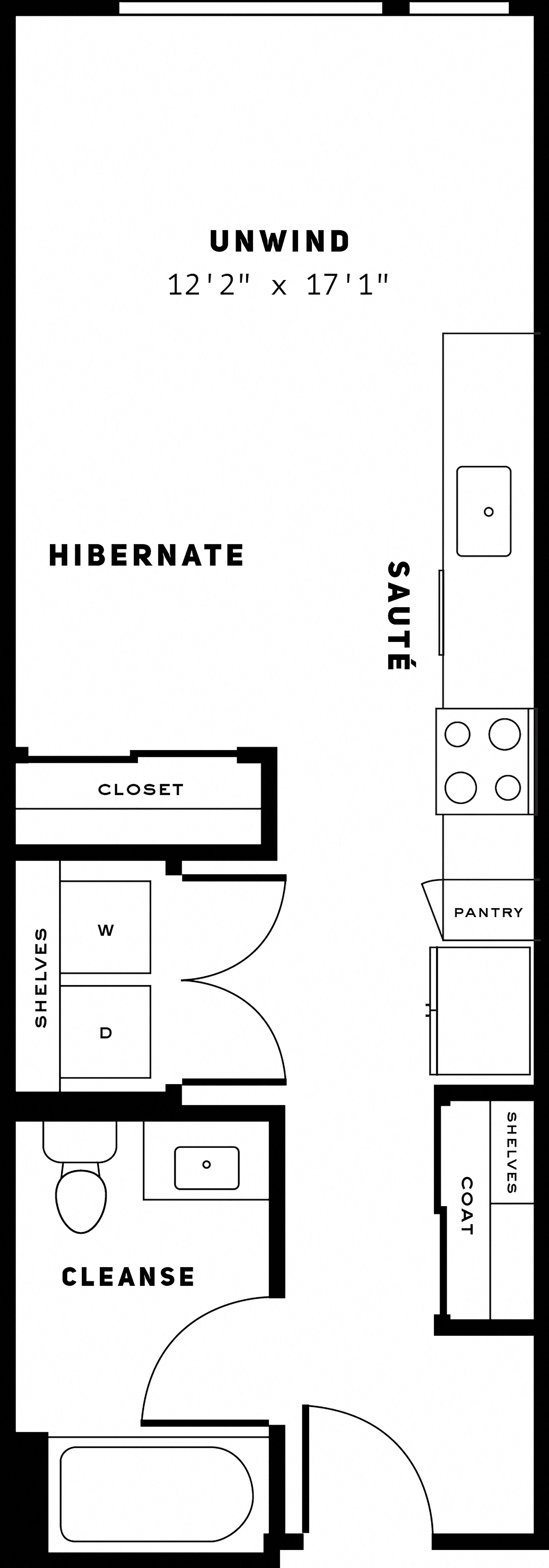 Floor plan for studio, 1 bath, 479 sqft